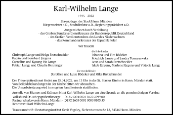 Todesanzeige von Karl-Wilhelm Lange von HNA