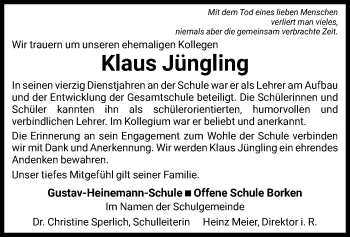 Todesanzeige von Klaus Jüngling von HNA