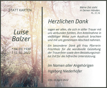Todesanzeige von Luise Balzer von HNA