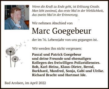 Todesanzeige von Marc Goegebeur von HNA