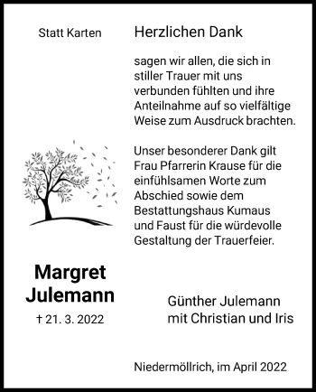 Todesanzeige von Margret Julemann von HNA
