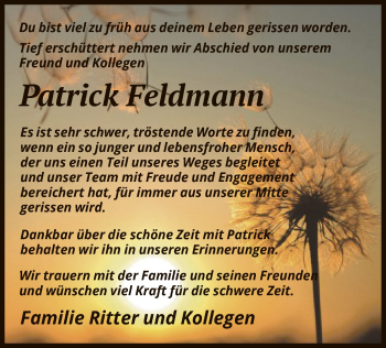 Todesanzeige von Patrick Feldmann von HNA
