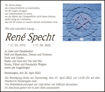 Todesanzeige von René Specht von HNA