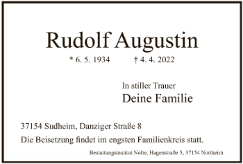 Todesanzeige von Rudolf Augustin von HNA