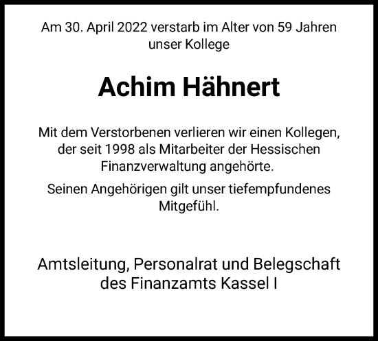 Todesanzeige von Achim Hähnert von HNA