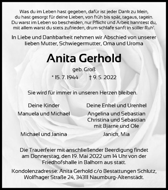 Todesanzeige von Anita Gerhold von HNA