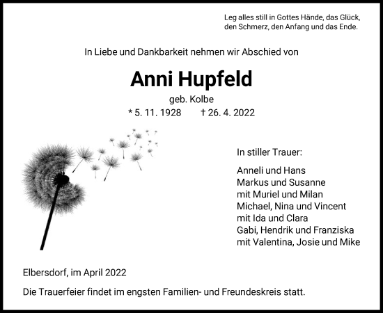 Todesanzeige von Anni Hupfeld von HNA