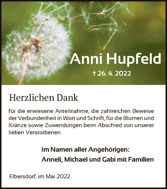 Todesanzeige von Anni Hupfeld von HNA