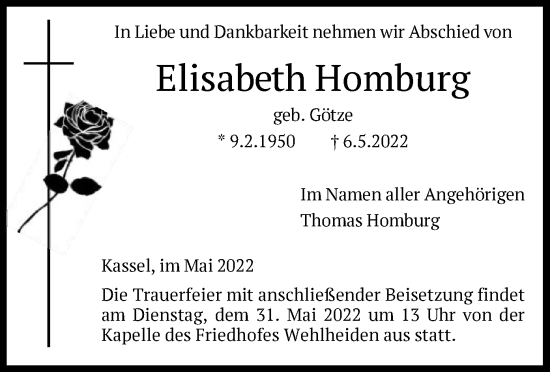 Todesanzeige von Elisabeth Homburg von HNA