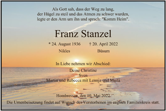 Todesanzeige von Franz Stanzel von HNA
