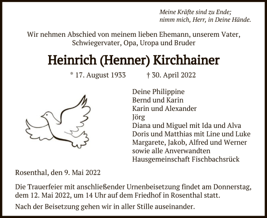 Todesanzeige von Heinrich Kirchhainer von HNA