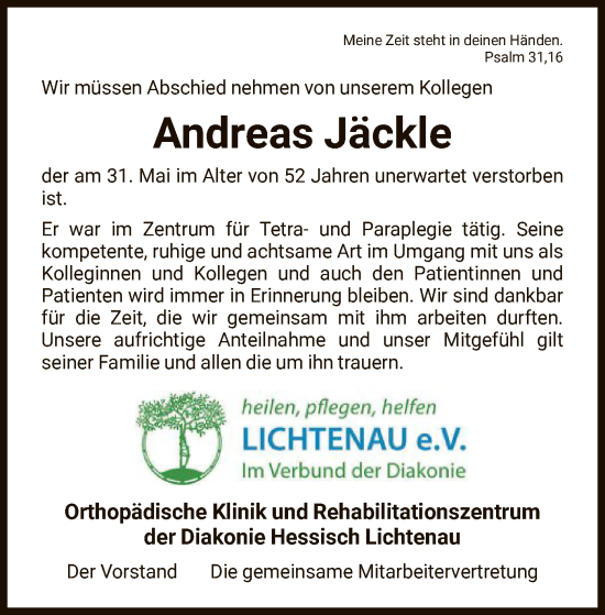 Todesanzeige von Andreas Jäckle von HNA