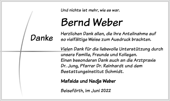Todesanzeige von Bernd Weber von HNA