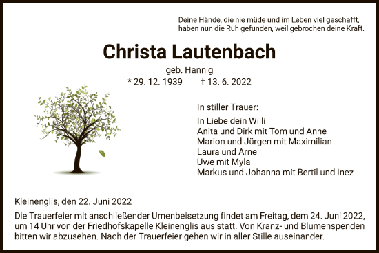 Todesanzeige von Christa Lautenbach von HNA