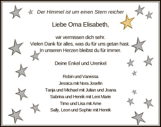 Todesanzeige von Elisabeth  von HNA