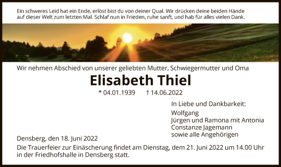 Todesanzeige von Elisabeth Thiel von HNA