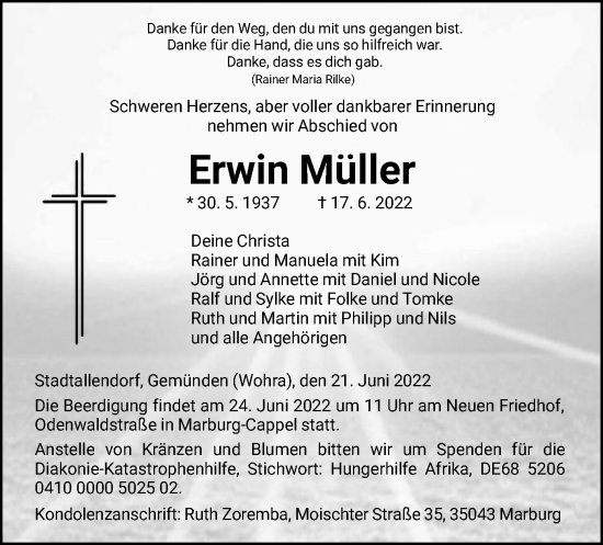 Todesanzeige von Erwin Müller von HNA