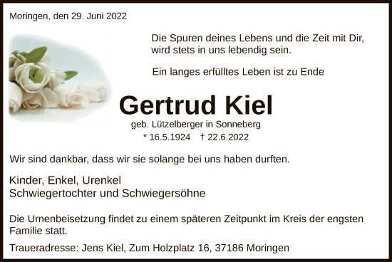Todesanzeige von Gertrud Kiel von HNA