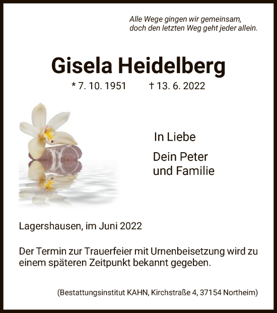 Todesanzeige von Gisela Heidelberg von HNA