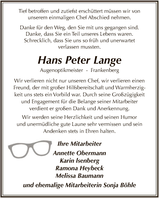 Todesanzeige von Hans Peter Lange von HNA