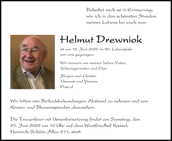 Todesanzeige von Helmut Drewniok von HNA