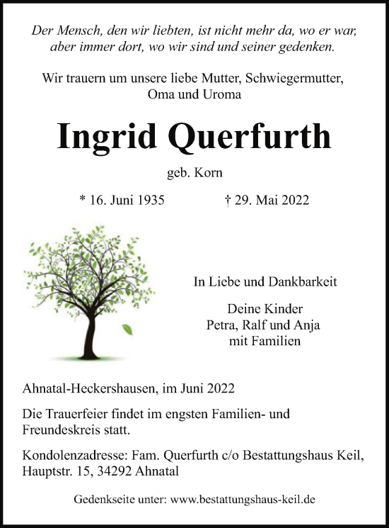 Todesanzeige von Ingrid Querfurth von HNA