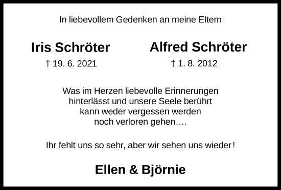 Todesanzeige von Iris und Alfred Schröter von HNA