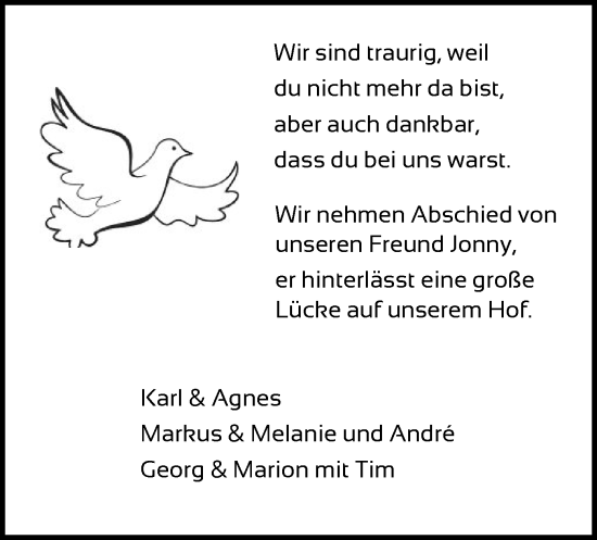 Todesanzeige von Jonny  von HNA
