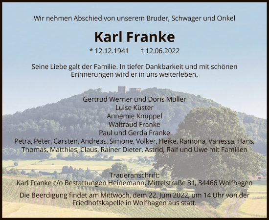 Todesanzeige von Karl Franke von HNA