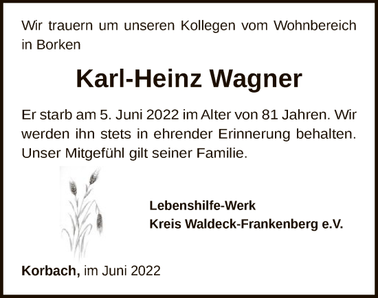 Todesanzeige von Karl-Heinz Wagner von HNA