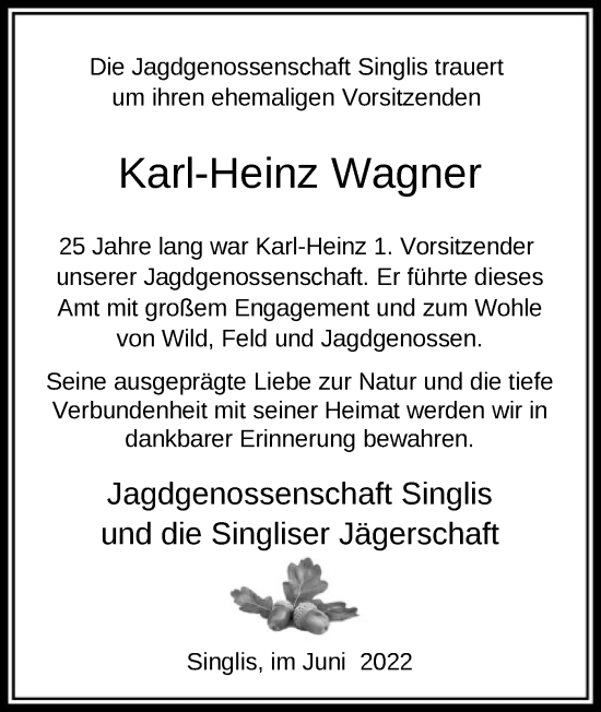 Todesanzeige von Karl-Heinz Wagner von HNA