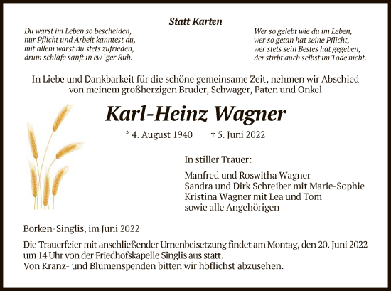 Todesanzeige von Karl-Heinz Wagner von HNA