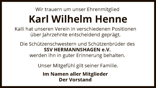 Todesanzeige von Karl Wilhelm Henne von HNA