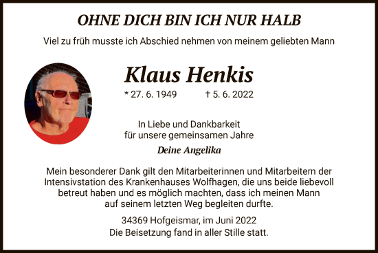 Todesanzeige von Klaus Henkis von HNA