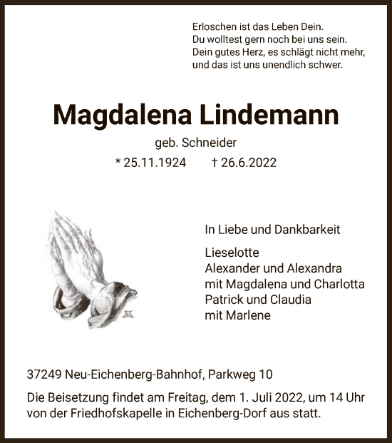Todesanzeige von Magdalena Lindemann von HNA