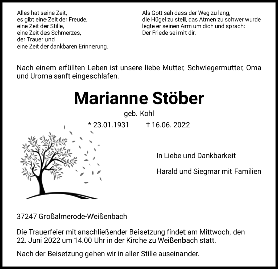 Todesanzeige von Marianne Stöber von HNA