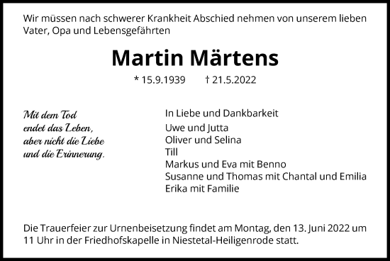 Todesanzeige von Martin Märtens von HNA
