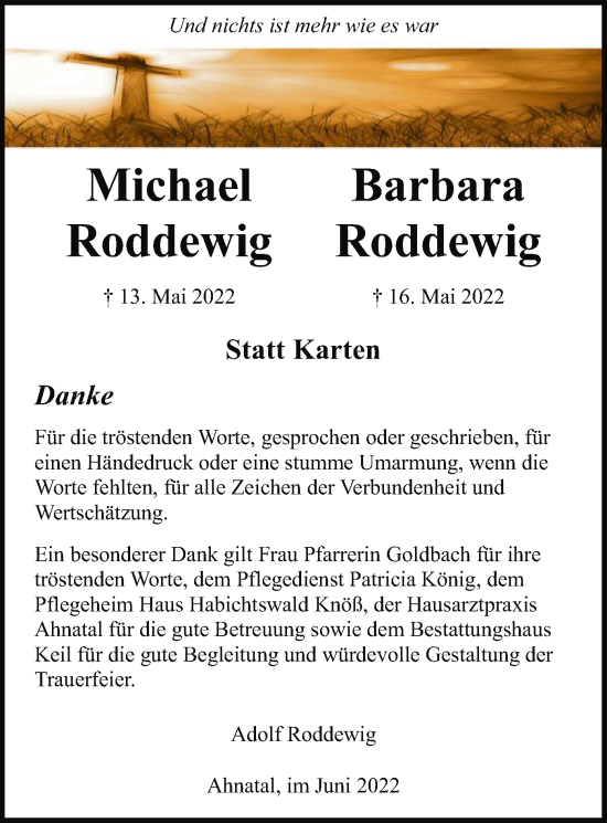 Todesanzeige von Michael und Barbara Roddewig von HNA