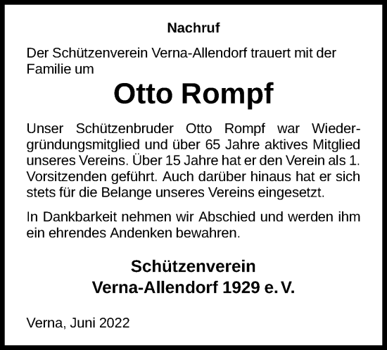 Todesanzeige von Otto Rompf von HNA