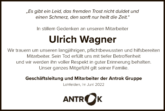 Todesanzeige von Ulrich Wagner von HNA