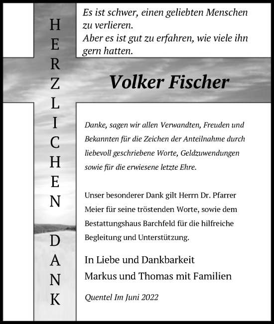 Todesanzeige von Volker Fischer von HNA