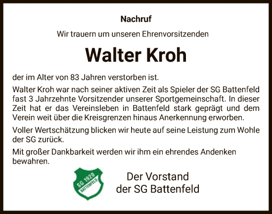 Todesanzeige von Walter Kroh von HNA