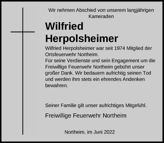 Todesanzeige von Wilfried Herpolsheimer von HNA
