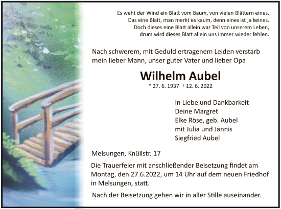 Todesanzeige von Wilhelm Aubel von HNA