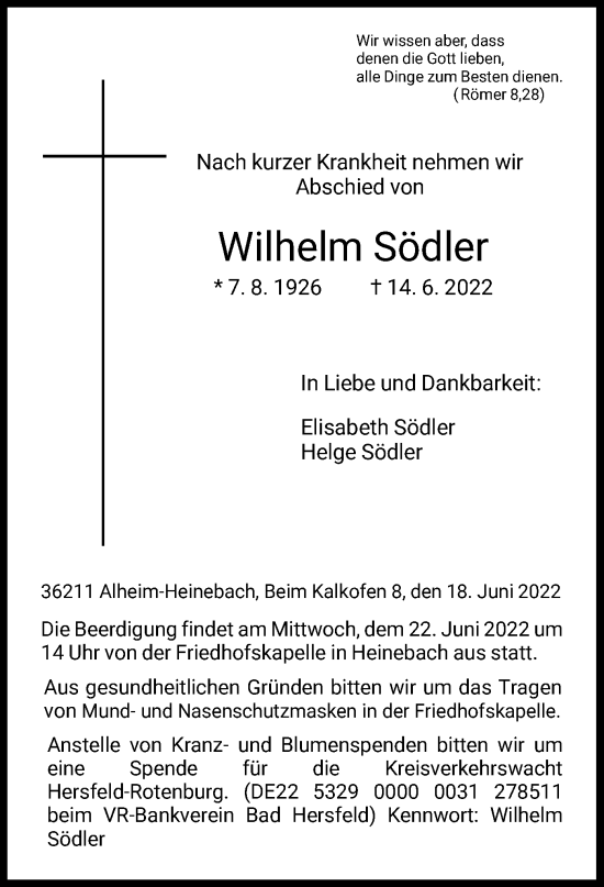 Todesanzeige von Wilhelm Södler von HNA