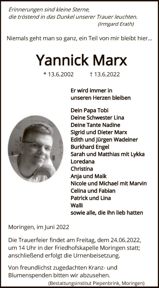 Todesanzeige von Yannick Marx von HNA