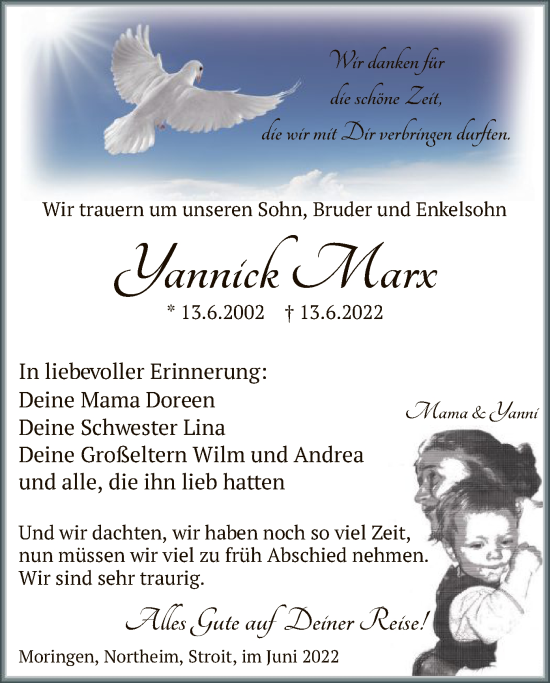 Todesanzeige von Yannick Marx von HNA