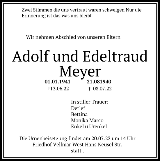 Todesanzeige von Adolf und Edeltraud Meyer von HNA