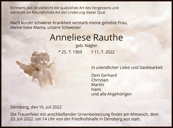 Todesanzeige von Anneliese Rauthe von HNA