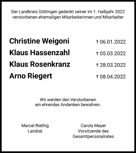 Todesanzeige von Der Landkreis Göttingen gedenkt von HNA